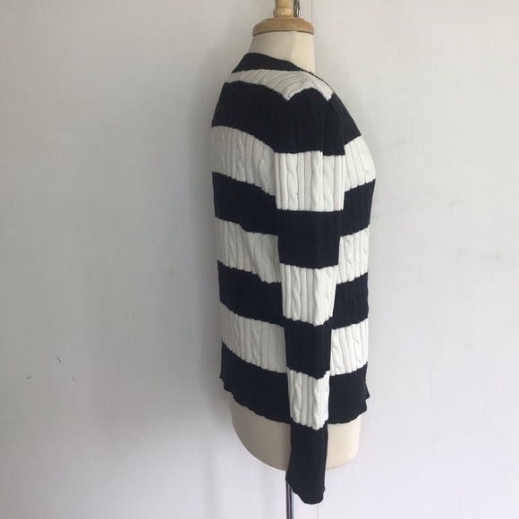 Chaps 100% Cotton Cableknit Black and White Broad Striped V-Neck Sweater Medium - Picture 3 of 8